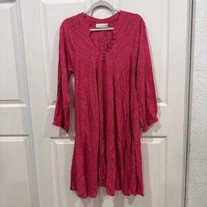 Natalie Martin Pink Red Striped Long Sleeve Split Neck Midi Dress Size Medium